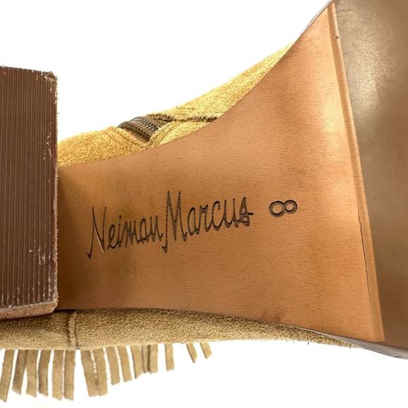 Neiman Marcus Avale Tan Ankle Boot Size 8 Suede Fringes Block High Heel Bootie - Picture 9 of 15